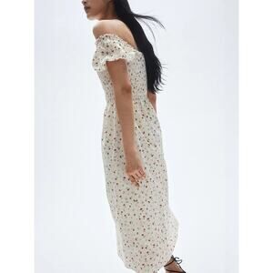 H&M Sz M Roses Poplin Cotton Viscous Smocked Bodice Puff Slv Milkmaid Coquette